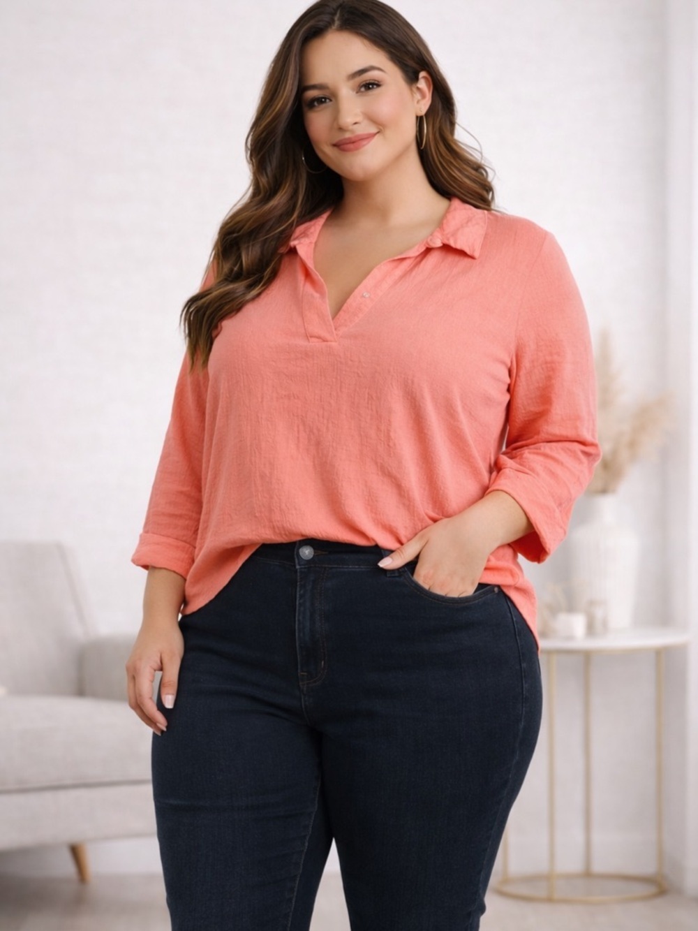 2PC Outfit Bundle Casual Size 18 Coral Top Blouse , Black Jeans
